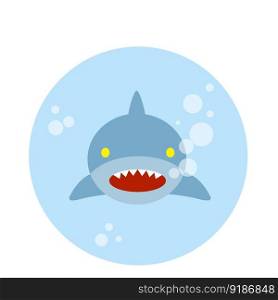 Shark under blue water with air bubbles. Sea predator on the hunt. The face of a big toothy fish. Ocean dweller in circle logo. Cartoon flat illustration. Shark under blue water with air bubbles.