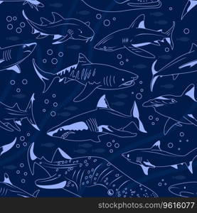 Shark vector seamless pattern. Square composition, endless marine preditor swatch. Underwater wallpaper design. Undersea textile print.. Shark vector seamless square pattern.