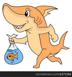 shark walking with a happy face carrying ornamental goldfish in a plastic bag