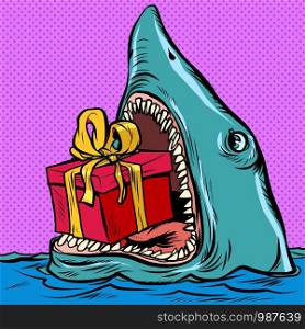 Shark with a gift box. Holiday shopping Christmas Valentines day birthday. Pop art retro vector illustration kitsch vintage drawing. Shark with a gift box. Holiday shopping Christmas Valentines day birthday