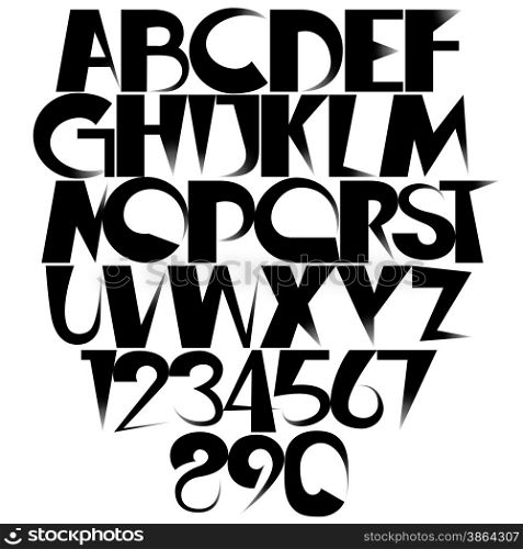 Sharp fading black gradient creative font with letters and numbers. Tapered shapes are constituents of these ornamental objects.