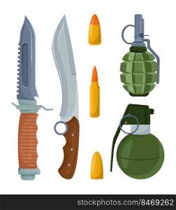 Sharp knives, bullets and grenades cartoon illustration set. Military equipment for soldiers on white background. Blade weapon, war, military conflict, assault concept