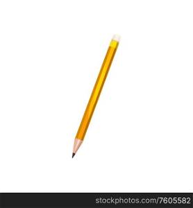 Sharp pencil writing tool isolated school stationery. Vector simple pencil with eraser. Simple pencil with eraser isolated drawing tool