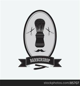 Shave and a Haircut. Shaving brush on the background of the mirror. The set of items for the hair salon. Black and white logo for the hairdressing salons.