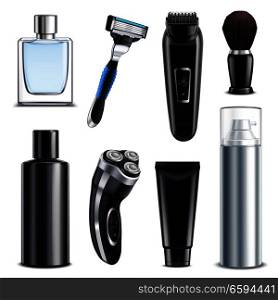 Shaving equipment realistic set of electric shaver manual razor flask with lotion and foam spray using after shave isolated vector illustration . Shaving Equipment Realistic Set