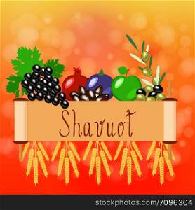 Shavuot. Concept of Judaic holiday. Apple, pomegranate, figs, grapes, olives, dates, wheat ears. Sefer Torah. Red Blur background. Shavuot. Concept of Judaic holiday. Fruits and Sefer Torah