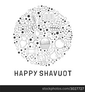 "Shavuot holiday flat design black thin line icons set in round shape with text in english "Happy Shavuot".. Shavuot holiday flat design black thin line icons set in round s"