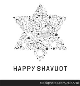 "Shavuot holiday flat design black thin line icons set in star of david shape with text in english "Happy Shavuot".. Shavuot holiday flat design black thin line icons set in star of"
