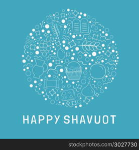 "Shavuot holiday flat design white thin line icons set in round shape with text in english "Happy Shavuot".. Shavuot holiday flat design white thin line icons set in round s"