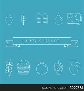 "Shavuot holiday flat design white thin line icons set with text in english "Happy Shavuot".. Shavuot holiday flat design white thin line icons set with text "