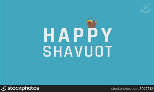 "Shavuot holiday greeting with harvest wicker basket icon and english text "Shavuot". flat design.. Shavuot holiday greeting with harvest wicker basket icon and eng"