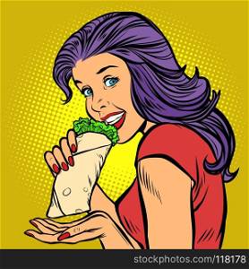 Shawarma kebab Doner. Hungry woman eating fast food. Shawarma kebab Doner. Hungry woman eating fast food. Comic cartoon pop art retro illustration vector drawing. Shawarma kebab Doner. Hungry woman eating fast food
