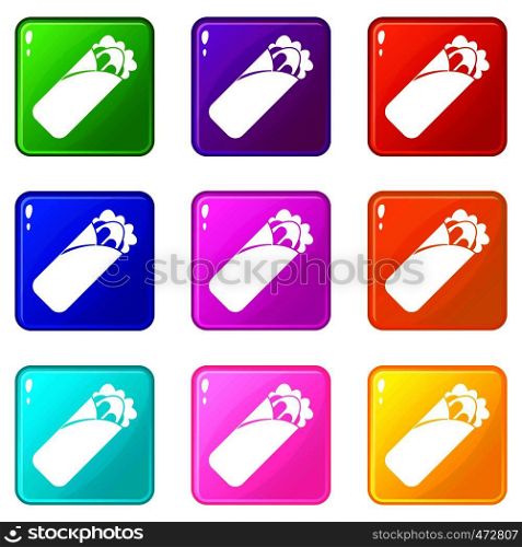 Shawarma sandwich icons of 9 color set isolated vector illustration. Shawarma sandwich icons 9 set