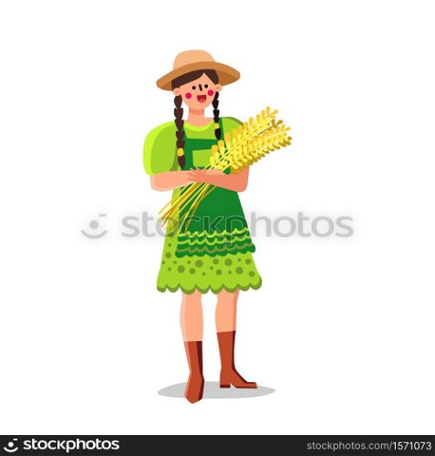 Sheaf Of Wheat Holding Village Young Woman Vector. Happy Smiling Cute Girl Hold Agricultural Corn Sheaf. Character Wearing Rural Clothes Harvesting Ripe Natural Plant Flat Cartoon Illustration. Sheaf Of Wheat Holding Village Young Woman Vector
