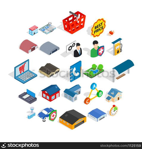 Shed icons set. Isometric set of 25 shed vector icons for web isolated on white background. Shed icons set, isometric style