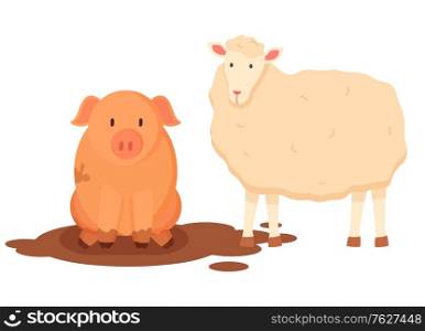 Sheep and pig vector, isolated characters of farm, farming and breeding domestic animals care, piggy sitting in dirt mud on ground, pigsty flat style. Sheep with Wool and Pig Sitting in Dirt Vector