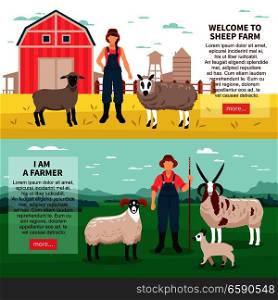 Sheep breeding farm 2 flat horizontal banners webpage with ram ewes farmers introduction text isolated vector illustration . Sheep Breeding Flat Banners