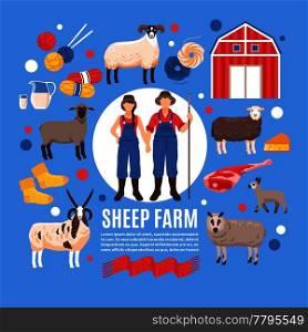 Sheep breeding lambing raising for wool meat dairy products traditional organic farm flat background poster vector illustration . Sheep Breeding Farm Poster