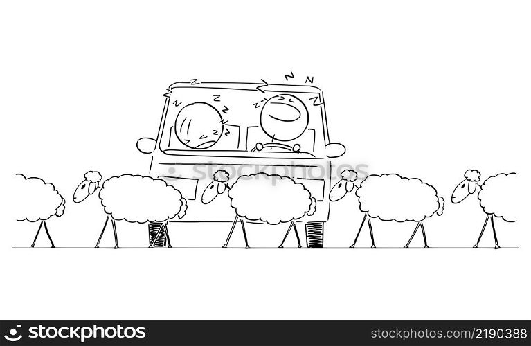 Sheep crossing the road, driver and passenger in car falling to sleep, vector cartoon stick figure or character illustration.. Driver and Passenger in Car Fall a Sleep While Sheep Crossing the Road, Vector Cartoon Stick Figure Illustration