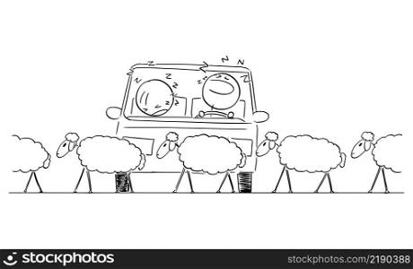 Sheep crossing the road, driver and passenger in car falling to sleep, vector cartoon stick figure or character illustration.. Driver and Passenger in Car Fall a Sleep While Sheep Crossing the Road, Vector Cartoon Stick Figure Illustration