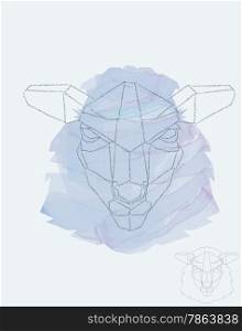 Sheep depiction in geometric style, watercolor underneath