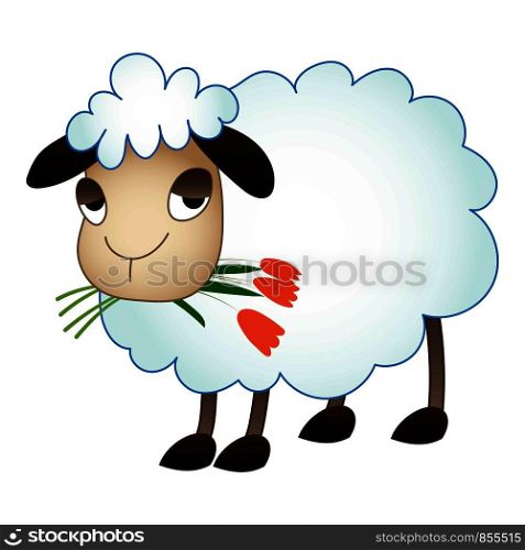 Sheep eat flower icon. Cartoon of sheep eat flower vector icon for web design isolated on white background. Sheep eat flower icon, cartoon style