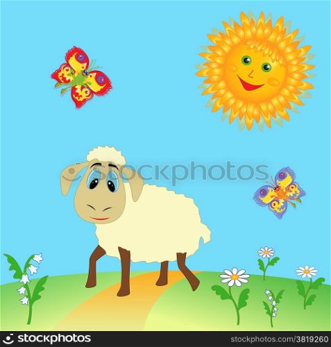 Sheep grazing on pasture and colorful cartoon fairy butterflies flying near a Sun over meadow. Hand drawing vector illustration. Sheep on meadow