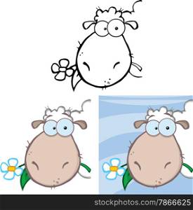 Sheep Head Cartoon Character With A Flower In Its Mouth. Collection Set