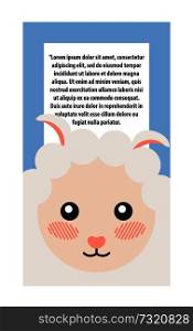 Sheep head on book cover design vector illustration banner text and cute animal isolated on blue background. Sheep face on poster or brochure for kids. Sheep Head Book Cover Design Vector Illustration
