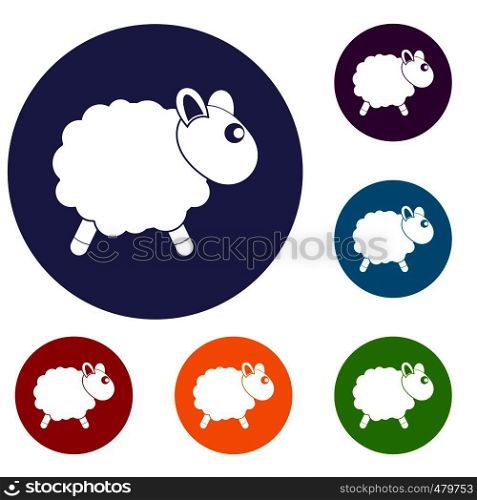 Sheep icons set in flat circle red, blue and green color for web. Sheep icons set