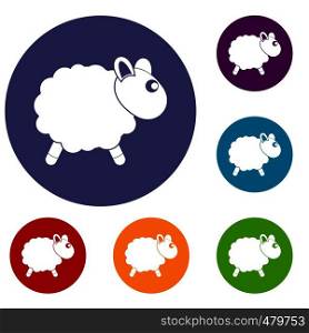 Sheep icons set in flat circle red, blue and green color for web. Sheep icons set