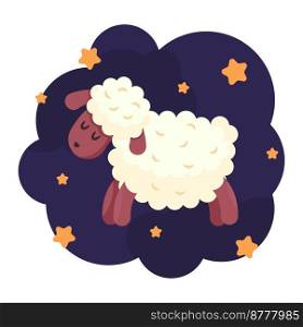 Sheep in jumping pose on night background with stars. Count sheeps jumping over the fence before bed. Funny lambs. Dream, relax, counting, insomnia, baby sleep, sleeplessness. Flat vector
