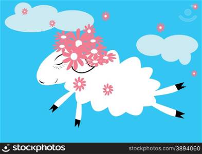 Sheep in the sky with a wreath of pink flowers on her head