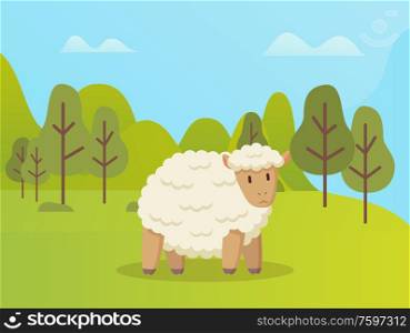 Sheep standing on green grass vector cartoon animal on background of green trees. Vector ewe in spring forest, cute curly childish mutton outdoors. Sheep Stands on Green Grass Vector Cartoon Animal