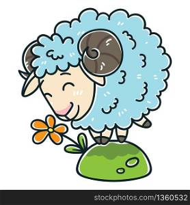 Sheep with a flower. Isolated objects on white background. Vector illustration.