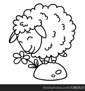 Sheep with a flower. Isolated objects on white background. Vector illustration. Coloring pages. Black and white illustration.
