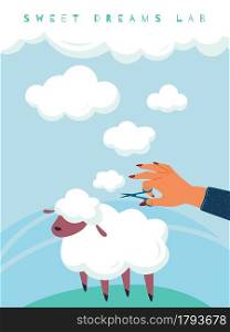Sheep wool clouds. Sweet Dreams. Cartoon person holds scissor in hands and cuts domestic animals fur. Cozy soft accessories from natural materials for sleeping. Lamb grazing in meadow. Vector concept. Sheep wool clouds. Sweet Dreams. Person holds scissor in hands and cuts domestic animals fur. Cozy accessories from natural materials for sleeping. Lamb grazing in meadow. Vector concept