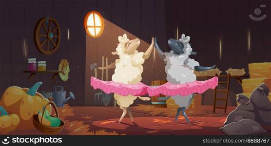 Sheeps in tutu dancing ballet in barn on farm. Vector cartoon illustration of old wooden shed interior with straw, hay, garden tools, pumpkins and dance of cute sheeps ballerinas in pink skirts. Sheeps in tutu dancing ballet in barn on farm