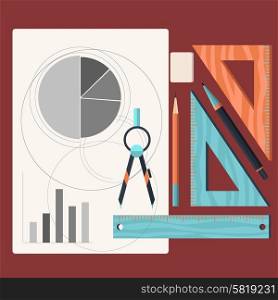 Sheet of paper with charts and tools designer. Compasses pencil ruler eraser cartoon flat design style