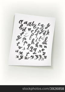 Sheet of paper with ink alphabet. Design elements were created with Chinese ink and calligraphic pen.