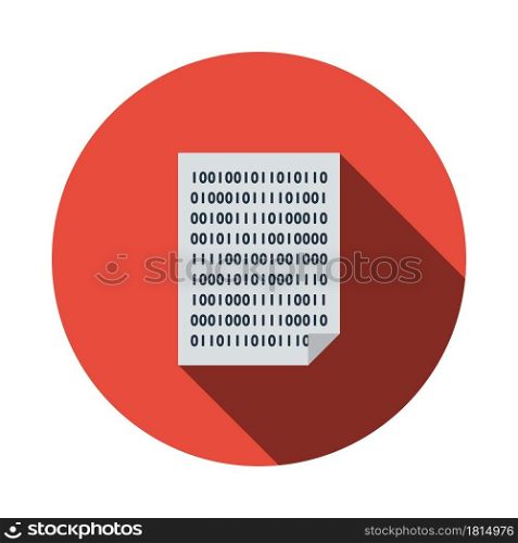 Sheet With Binary Code Icon. Flat Circle Stencil Design With Long Shadow. Vector Illustration.