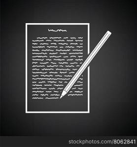 Sheet with text and pencil icon. Black background with white. Vector illustration.