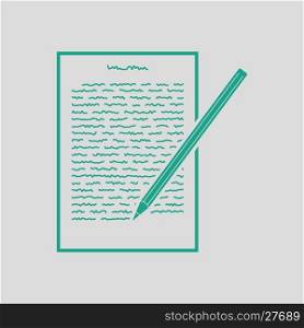 Sheet with text and pencil icon. Gray background with green. Vector illustration.