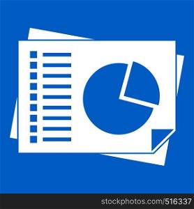 Sheets of paper with charts icon white isolated on blue background vector illustration. Sheets of paper with charts icon white