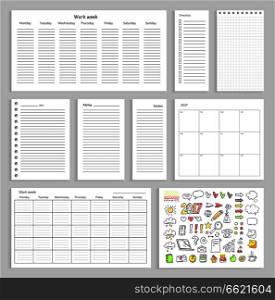 Sheets with empty schedule, notes, charts and colorful sketches of small graphics, weather symbols, shapes and funny drawings vector illustrations.. Paper Sheets with Empty Schedule, Notes and Charts