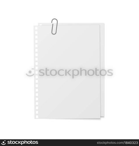 Sheets with holder and clip. Realistic mockup memo stickers. White copybook blank, notebook paper open organizer, sketchbook or diary top view, office or school stationery vector isolated illustration. Sheets with holder and clip. Realistic mockup memo stickers. White copybook blank, notebook paper open organizer, sketchbook or diary top view, office or school stationery, vector illustration