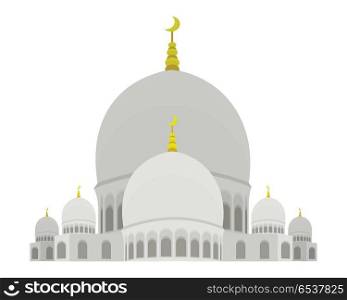 Sheikh Zayed Mosque. Illustration of the Grand Mosque of Sheikh Zayed. Muslim Mosque. United Arab Emirates sacred building, cultural monument. Isolated object in flat design on white background. Vector illustration.