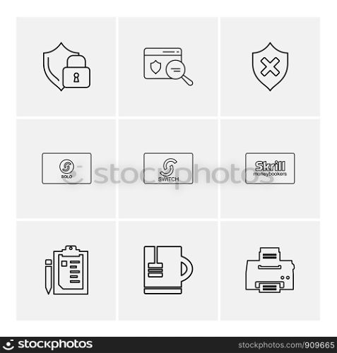 sheild , card , un protected , skrill , printer , clipboard , jug , solo , switch ,icon, vector, design, flat, collection, style, creative, icons