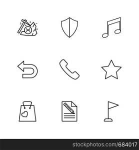 sheild , music, back , phone, star , shopping bag , file , document , flag, icon, vector, design, flat, collection, style, creative, icons