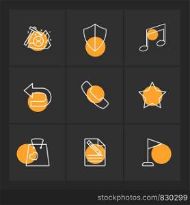 sheild , music, back , phone, star , shopping bag , file , document , flag, icon, vector, design, flat, collection, style, creative, icons